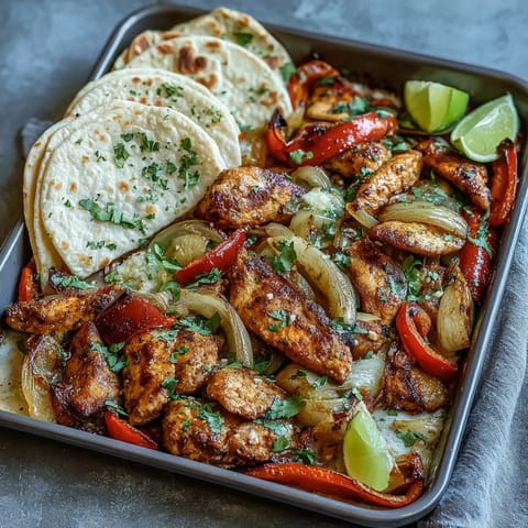 Colorful chicken fajitas with sizzling peppers and onions, ready for warm tortillas.