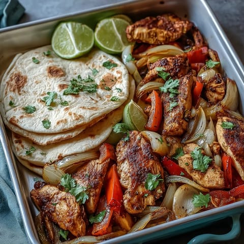 Sheet pan chicken fajitas with vibrant bell peppers and juicy chicken on a baking sheet.