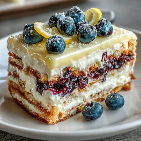 Lemon Blueberry Icebox Cake: creamy, tart layers with fresh blueberries.