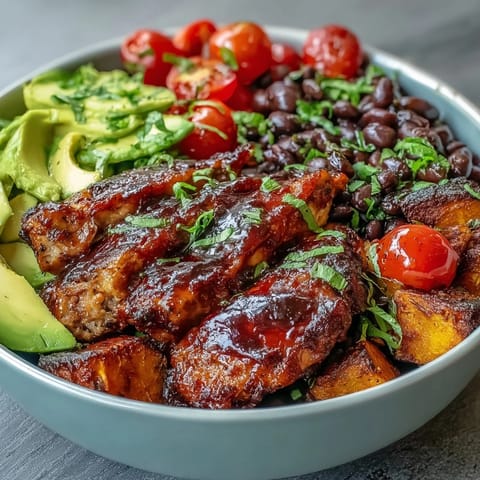 Flavorful BBQ chicken meal prep bowls nestled with roasted sweet potato goodness.