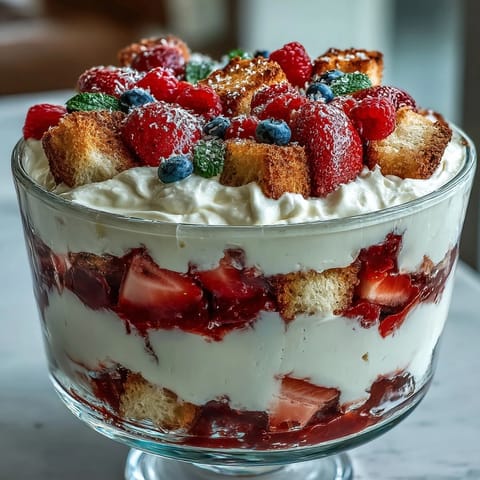 Red White Blue Berry Trifle: a visually stunning, layered dessert with fluffy cake and fresh berries.