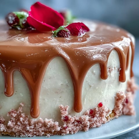 Bridal Shower Rosé Velvet Cake, elegant pink dessert with shimmering edible gold drips.