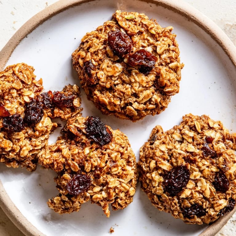 Golden-brown, soft-baked oatmeal raisin breakfast cookies, ready to eat, with a delicious aroma.