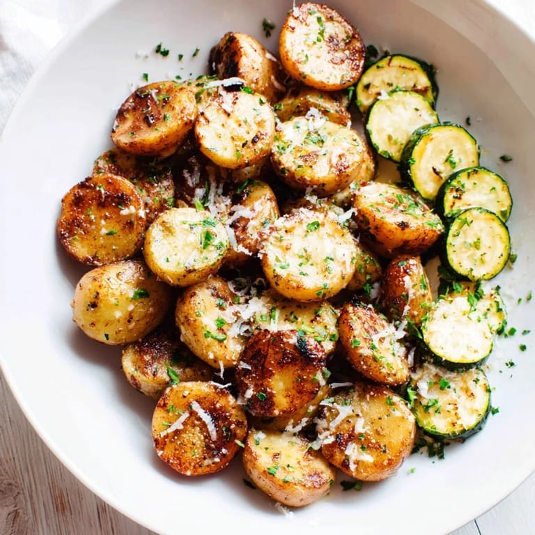 Delicious, baked Easy Sheet Pan Turkey Meatballs sit alongside tender zucchini, ready to eat.