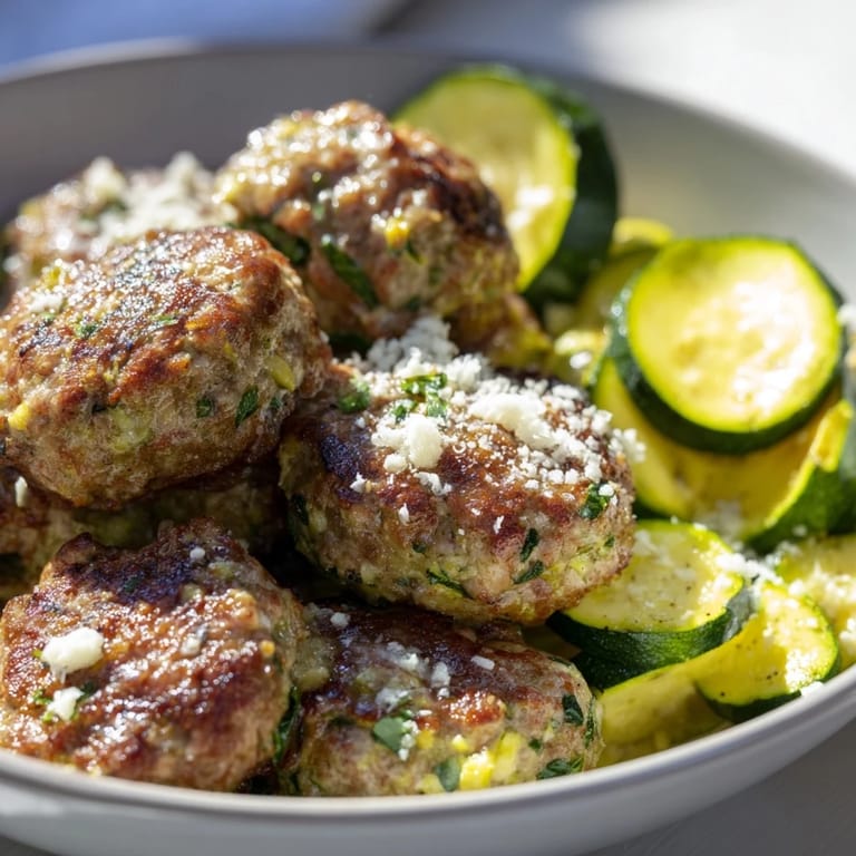 Close-up of baked Easy Sheet Pan Turkey Meatballs and zucchini with fresh parsley garnish, ready to serve.