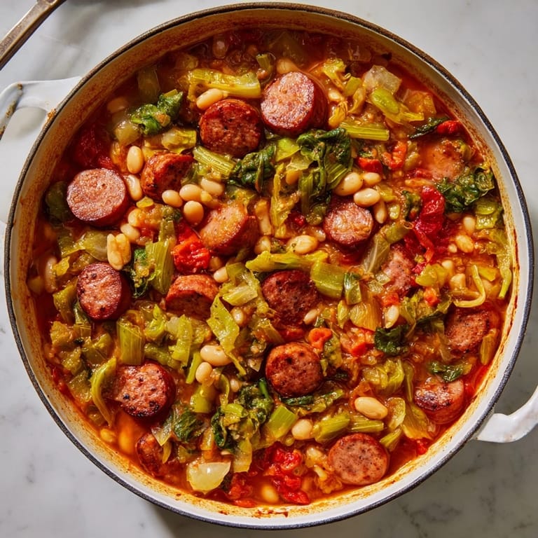 Delicious One-Pot Sausage and White Bean Stew simmering, with sausage and beans visible.