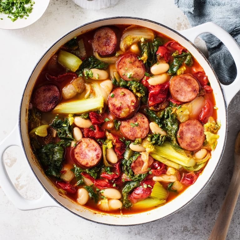 A warm bowl of hearty One-Pot Sausage and White Bean Stew full of colorful vegetables.