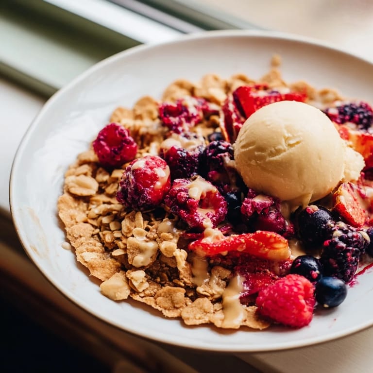 Warm, fruity Rustic Summer Berry Cobbler served with vanilla ice cream, a delicious American dessert.
