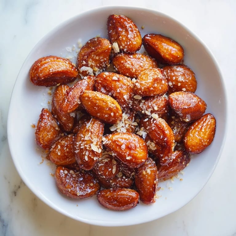 Close-up of freshly baked sweet and salty honey toasted cashews with glistening honey glaze and sea salt.