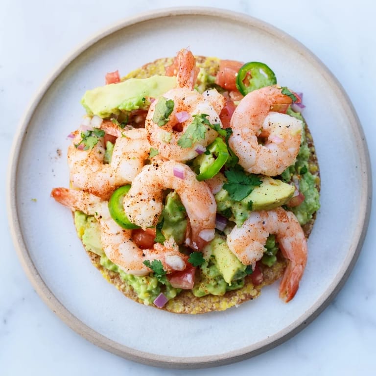 Vibrant Quick Shrimp and Avocado Tostadas boasting spiced shrimp, diced tomato, and fresh cilantro, ready to eat.