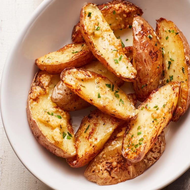 A close-up of delicious crispy garlic butter roasted smash potatoes, ready to serve with fresh parsley.