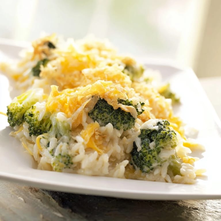 A close-up of a steaming bowl of delicious Cheesy Broccoli and Rice All-in-One Bake, ready to serve.