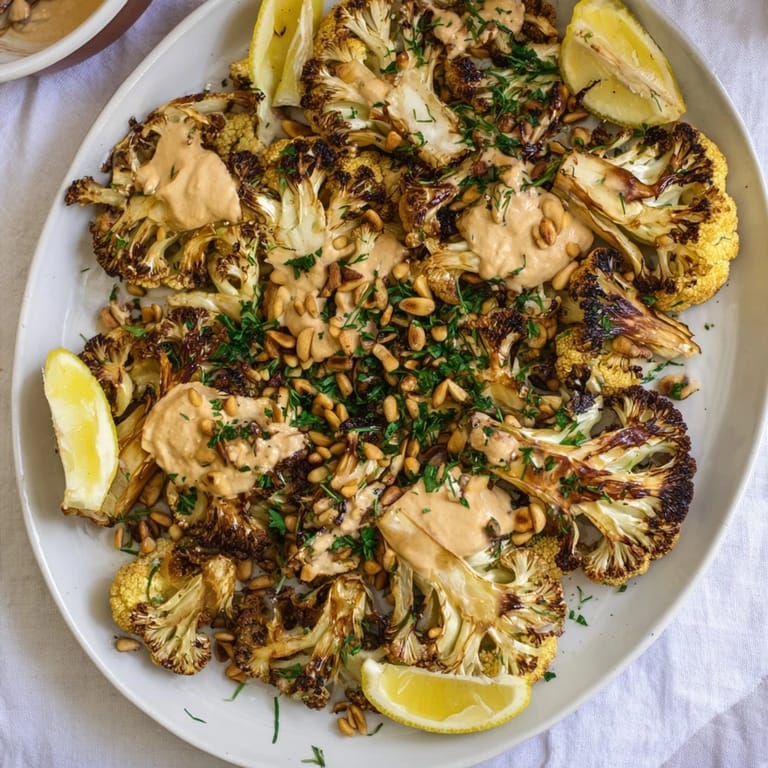 A serving of Roasted Cauliflower Steaks with tahini drizzle, garnished with fresh parsley and crunchy pine nuts.