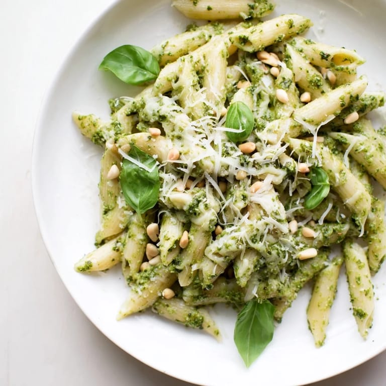 A close-up of the bright green 15-Minute Creamy Pesto Pasta, showcasing the creamy sauce and pasta.