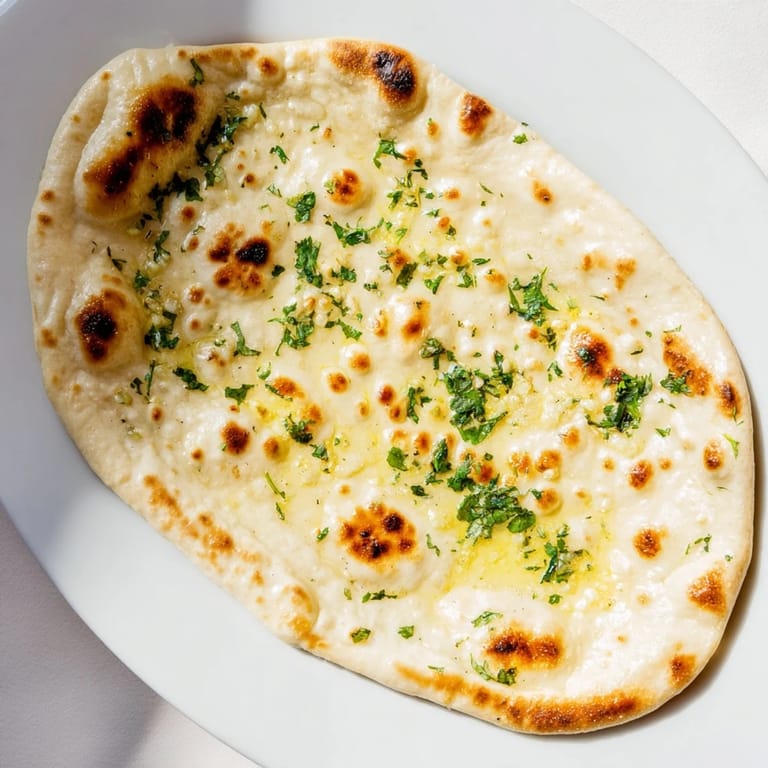Warm, fluffy Homemade Garlic Naan Bread, aromatic with fresh garlic, awaiting a savory Indian meal.
