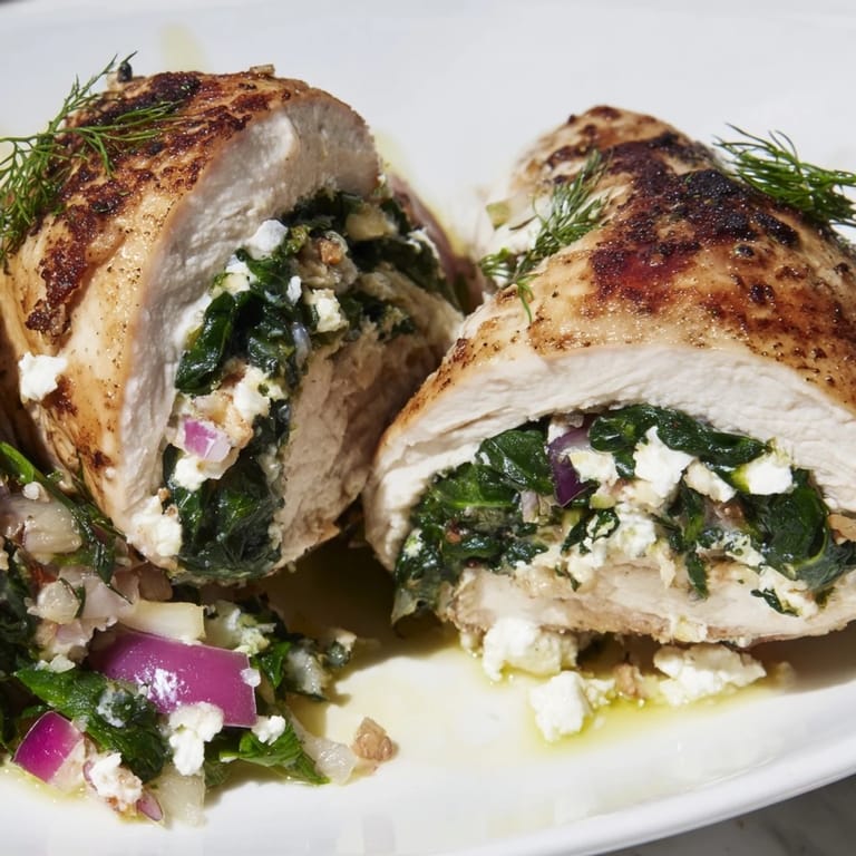 These flavorful Spinach Feta Stuffed Chicken roll-ups, shown fresh from the oven, look delicious.