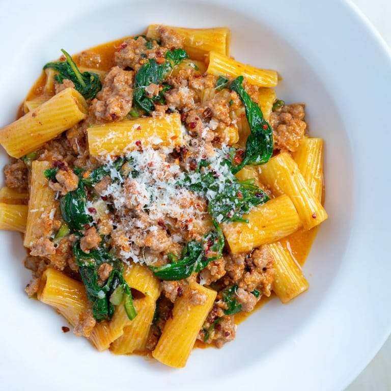 A close-up of the finished one-pot Italian sausage tomato pasta, showcasing the creamy sauce and pasta.