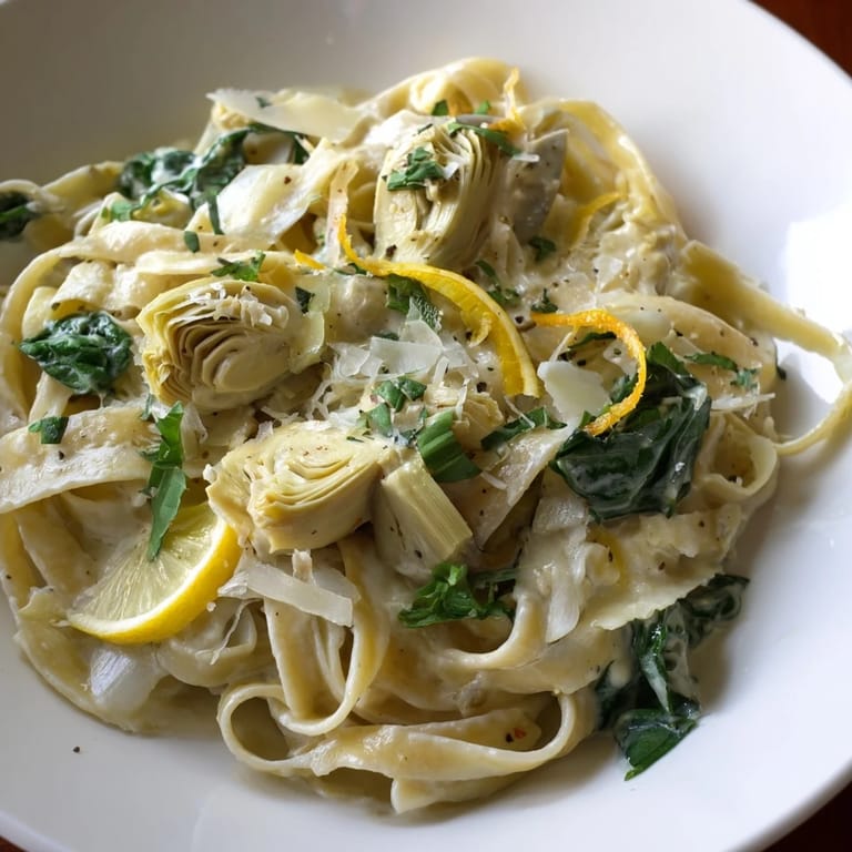 Glistening strands of Creamy Lemon Artichoke Pasta presented on a plate, with a lemon wedge garnish.