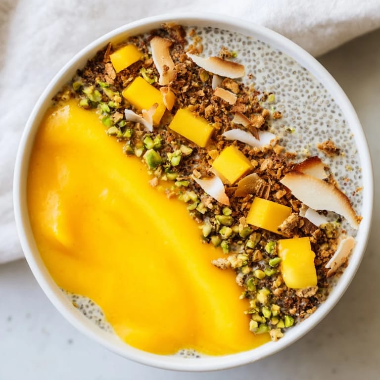 A bright image of Mango Coconut Chia Pudding, a vegan and gluten-free breakfast treat.