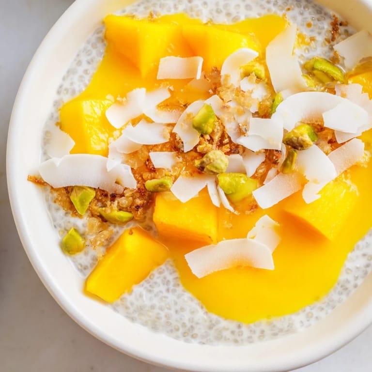 Sweet Mango Coconut Chia Pudding, a refreshing and delicious tropical dessert served in a glass.