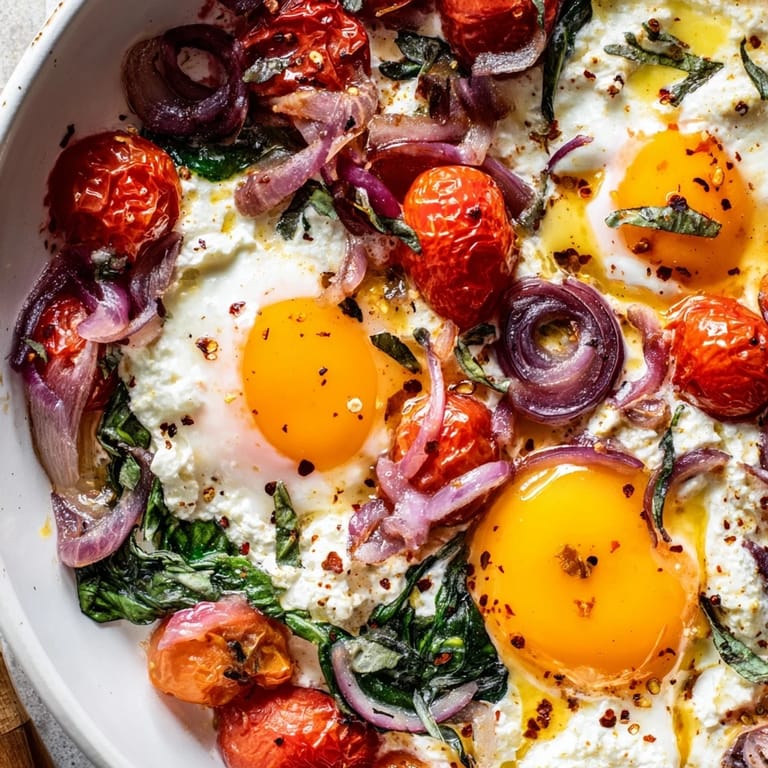 A close-up of baked feta eggs showcasing creamy feta and vibrant red tomatoes, ready to serve.