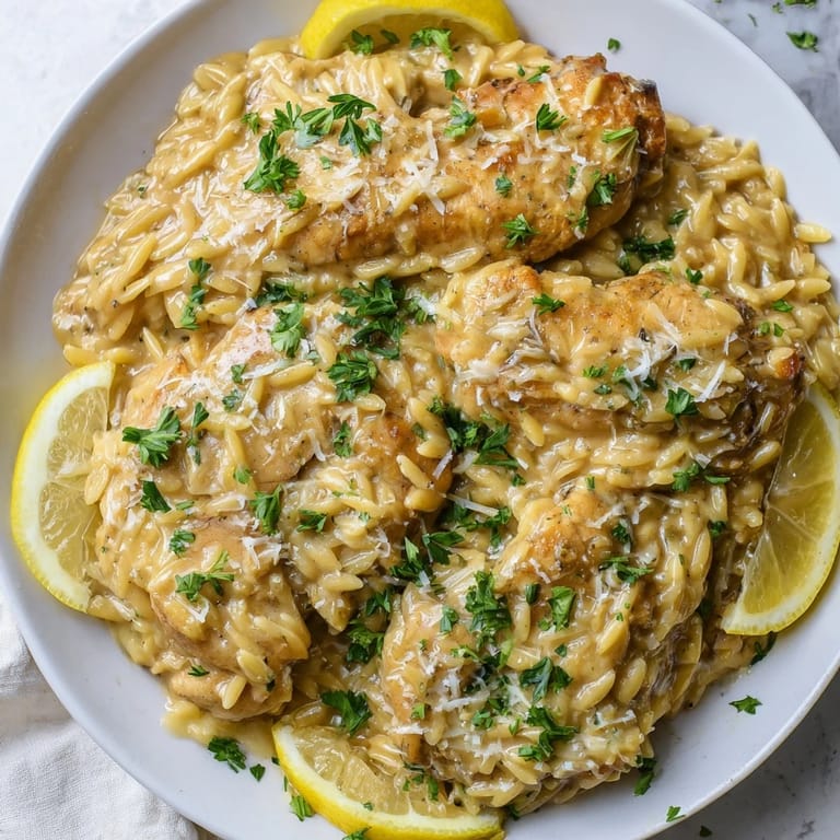 One-pan creamy lemon chicken orzo, ready to serve with a garnish of Parmesan and fresh herbs.