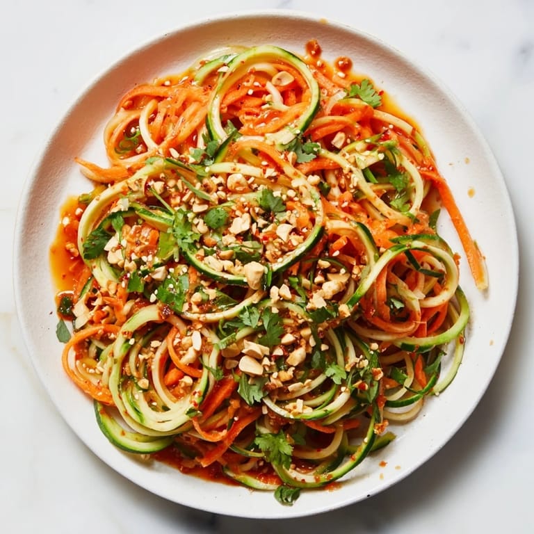 Close-up of a refreshing Spicy Cucumber Noodle Bowl, garnished with cilantro, sesame seeds, and peanuts.