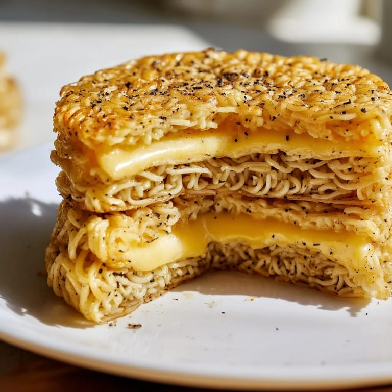 Freshly made Ramen Grilled Cheese, a delicious fusion sandwich, ready to devour for lunch or dinner.