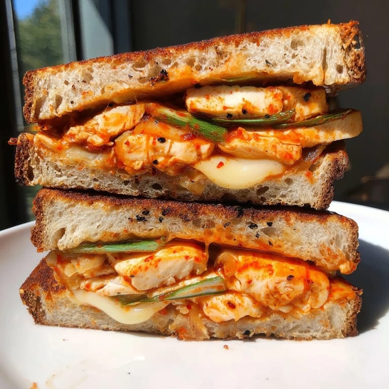 A steaming-hot close-up showcasing the delicious, cheesy, and spicy Gochujang Mayo Chicken Sandwich grilled cheese.