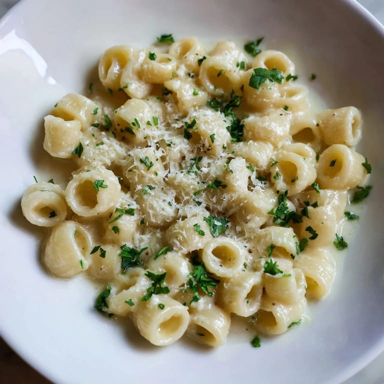 Close-up of golden ditalini pasta in a creamy garlic sauce, perfect Italian comfort food.