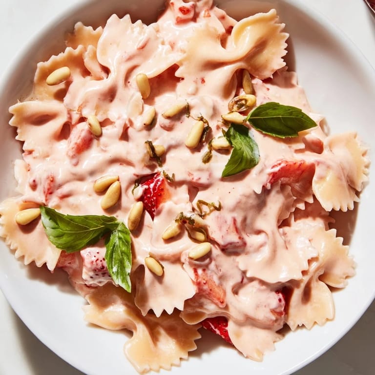 Tangy Strawberry Sour Cream Pasta: a bowl of pasta coated in a vibrant, creamy, pink sauce.