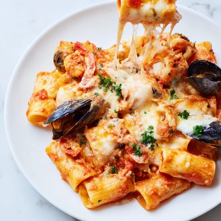 Creamy Seafood Pasta Bake with tender mixed seafood and a rich tomato sauce, ready to serve.