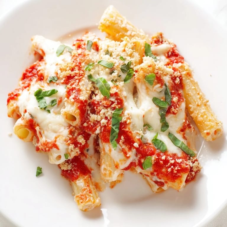 A close-up of steaming cheesy baked ziti, showing layers of pasta, sauce, and melted mozzarella.