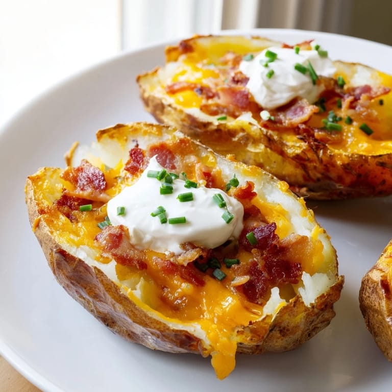 Golden brown Loaded Baked Potato Skins with a creamy dollop of sour cream and chives, ready to eat!