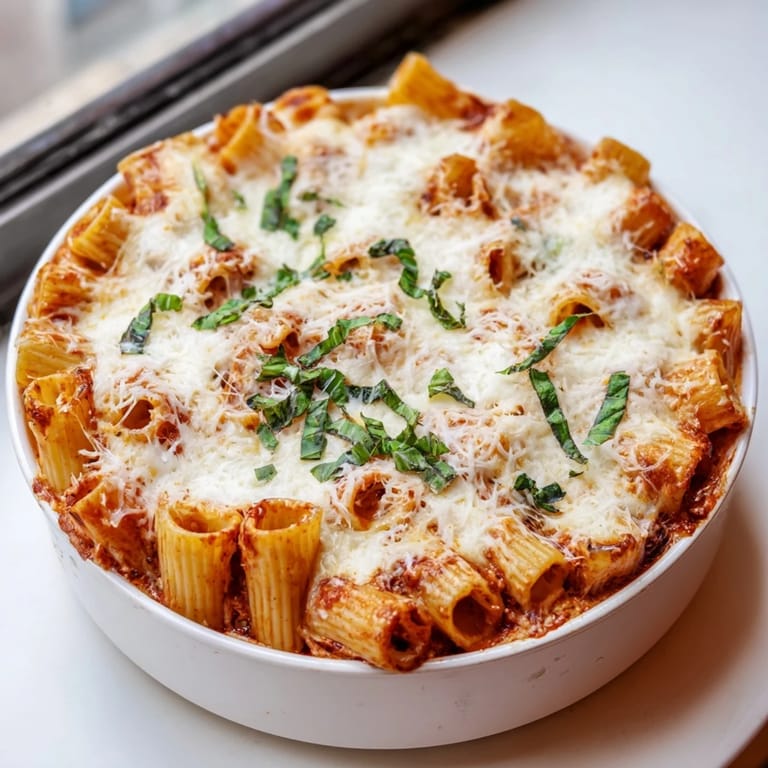 Homemade Four Cheese Baked Pasta with a rich, creamy sauce, perfect for a cozy dinner.