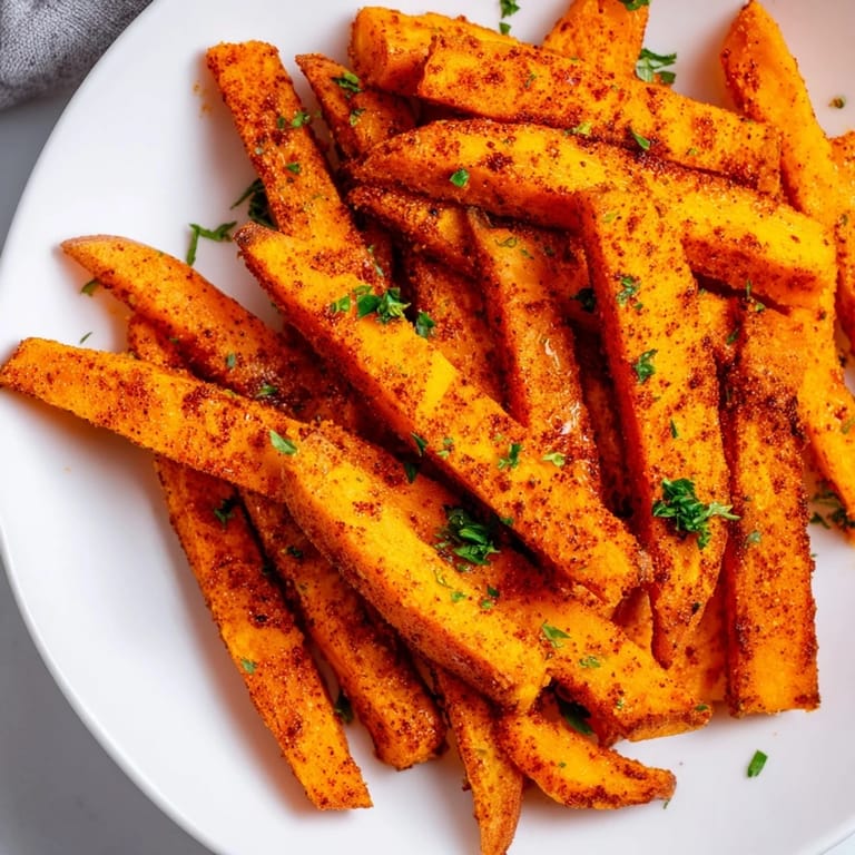Homemade Cajun Spiced Sweet Potato Fries with a vibrant spice blend, fresh from the air fryer, a savory treat.