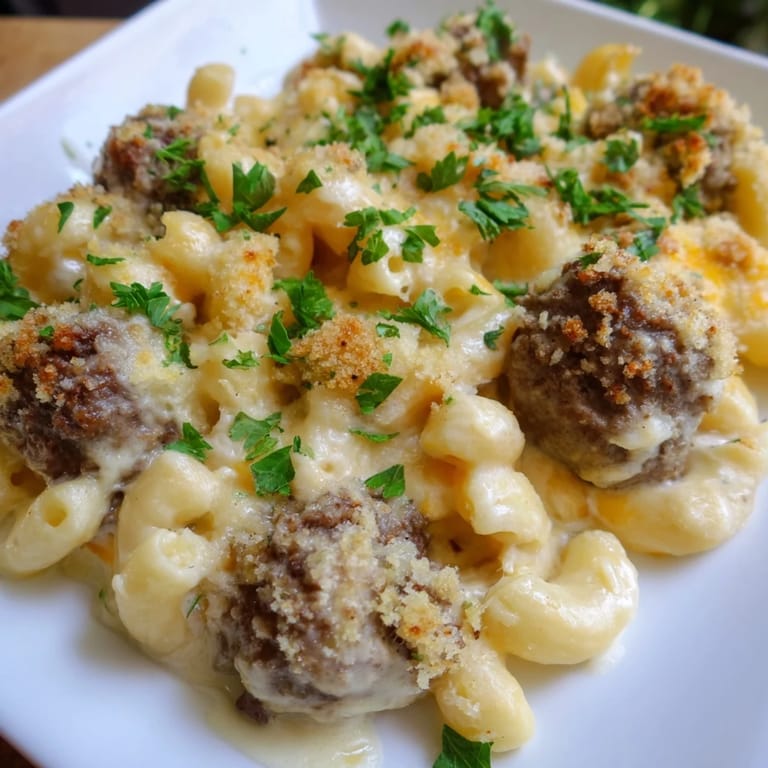 Warm, creamy Mac & Cheese Meatball Bake, topped with crispy breadcrumbs, perfect comfort food for dinner.