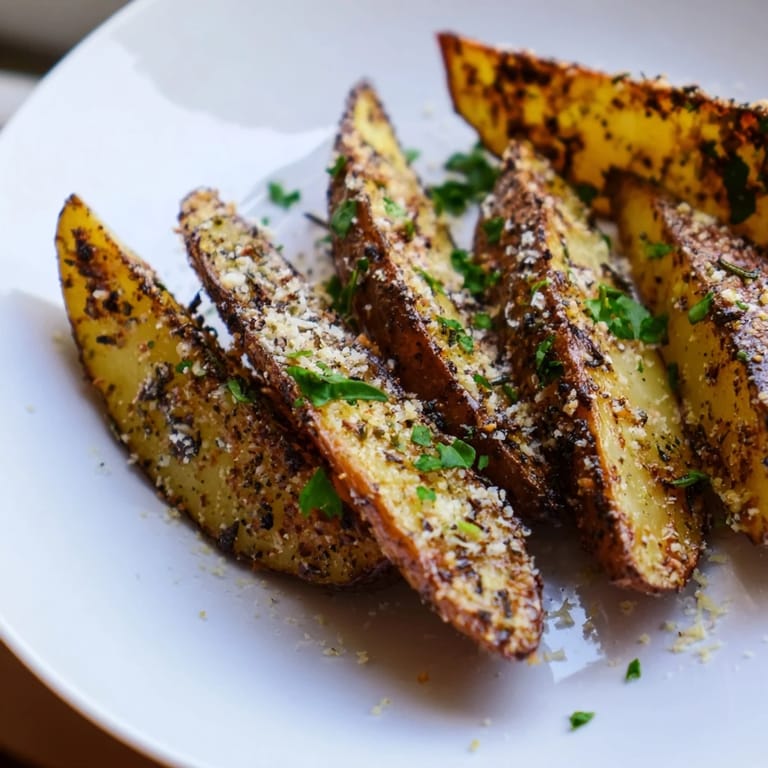 Close-up of crispy Rosemary Parmesan Potato Wedges, perfect side with a dipping sauce like aioli.