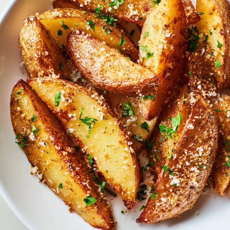 Oven-baked Rosemary Parmesan Potato Wedges, sprinkled with Parmesan, offering a savory aroma.