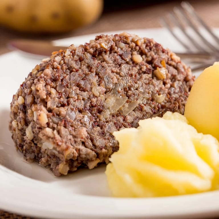 A close-up of a rustic plate of Scottish haggis, offering a textured, flavorful culinary experience.