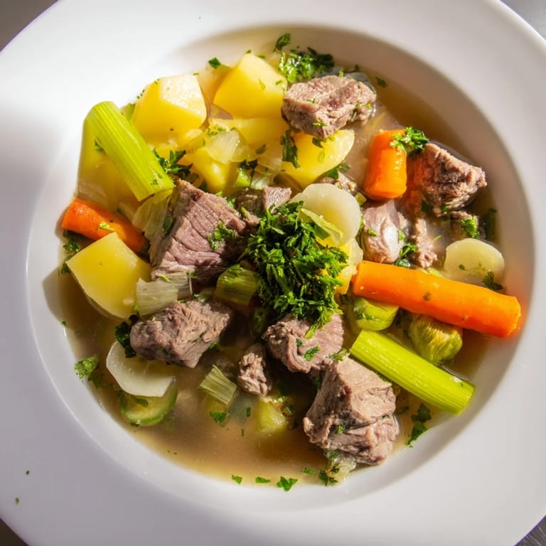 Enjoy a spoonful of flavorful Welsh Cawl—a warming stew with tender lamb, perfect for chilly evenings.