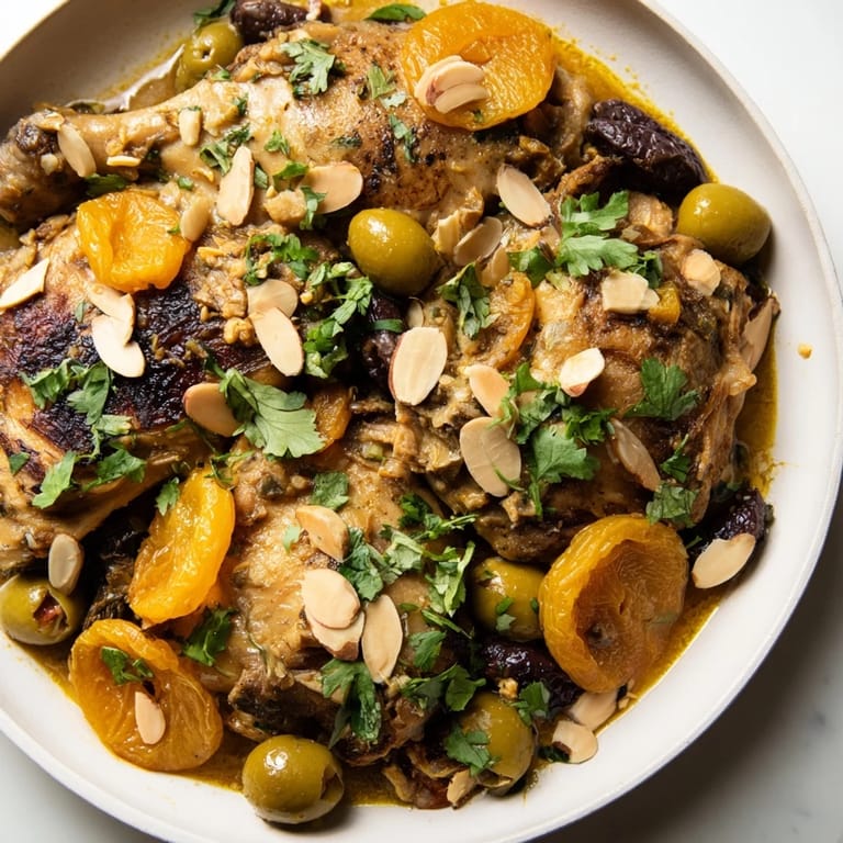 A steaming bowl of vibrant Moroccan Tagine Chicken, garnished with fresh cilantro and toasted almonds.