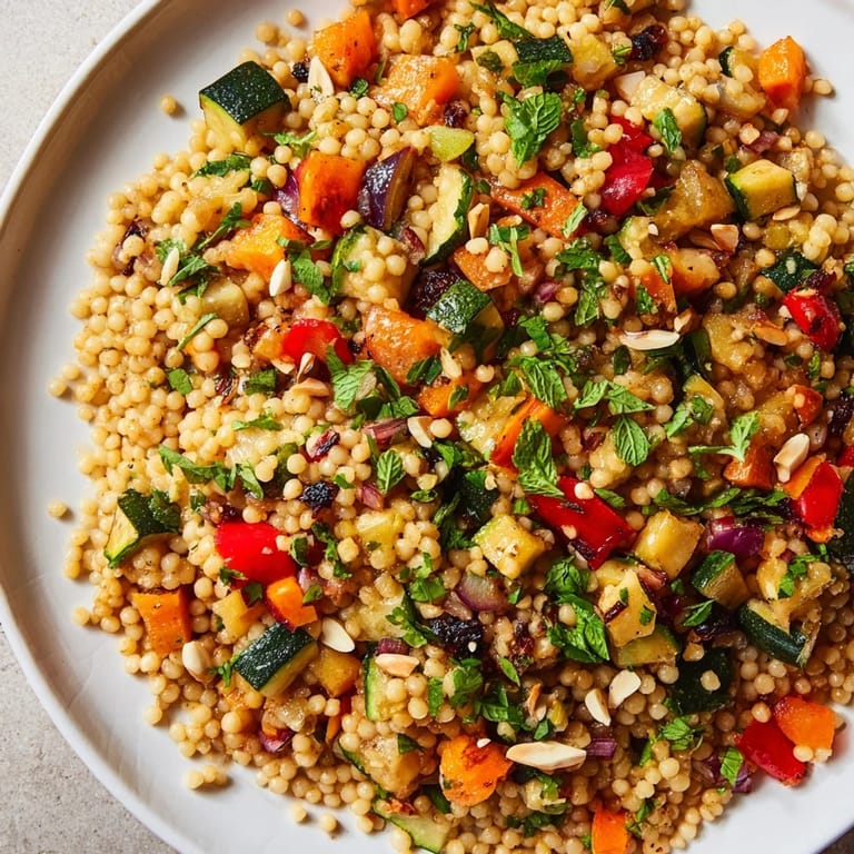 A colorful bowl of Moroccan couscous salad, featuring tender vegetables and a bright lemon dressing.