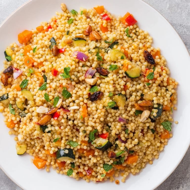 Close-up of a vibrant Moroccan couscous salad, showcasing the texture and inviting aromas.