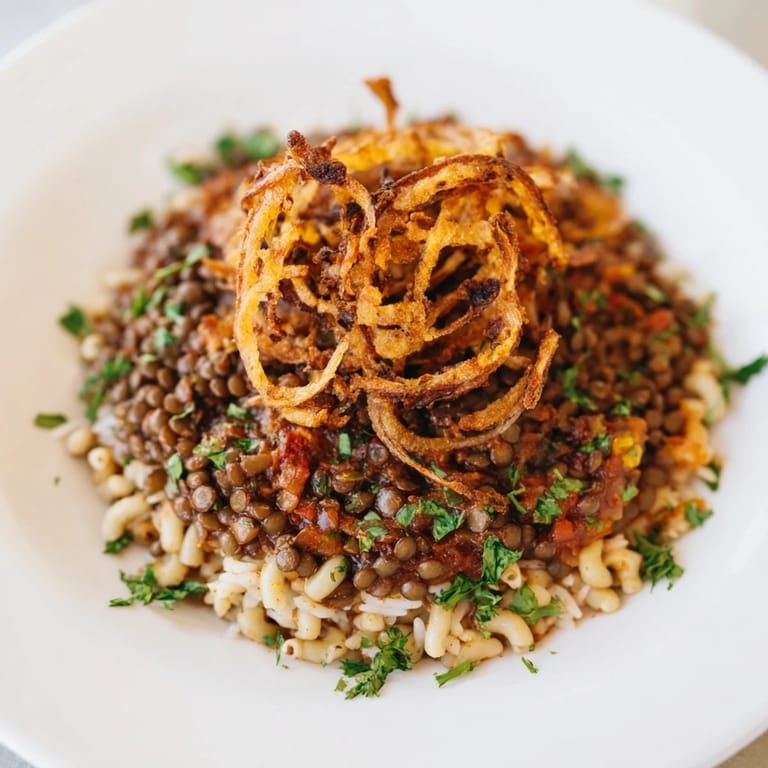 Hearty vegan Koshari, a flavorful Egyptian dish with layered lentils, rice, and pasta, ready to eat.