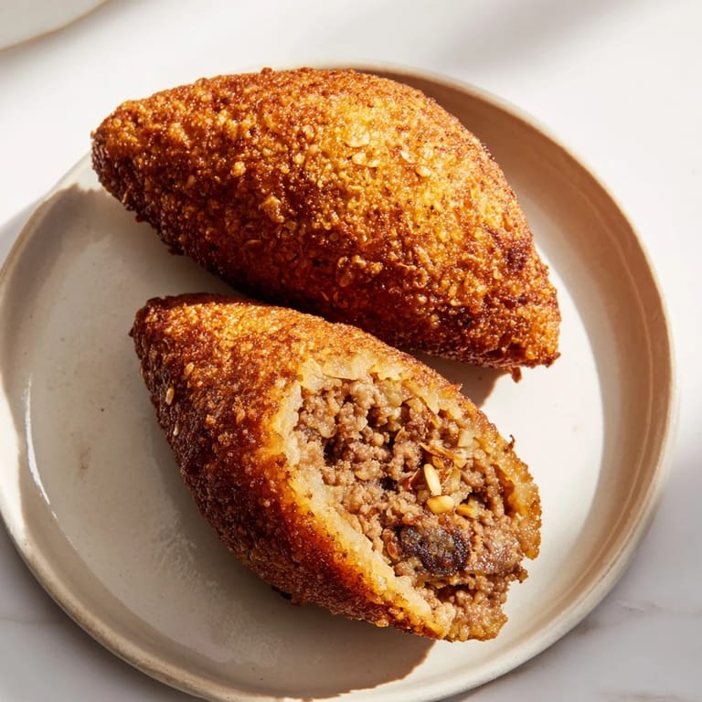 These hearty, savory Lebanese Kibbeh patties are perfectly fried and look incredibly tempting as an appetizer.