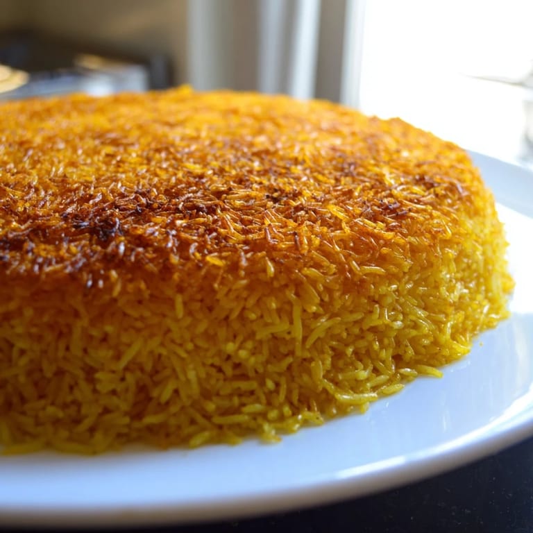 A stunning presentation of Persian Tahdig rice reveals a perfect, crunchy golden crust and fluffy rice inside.