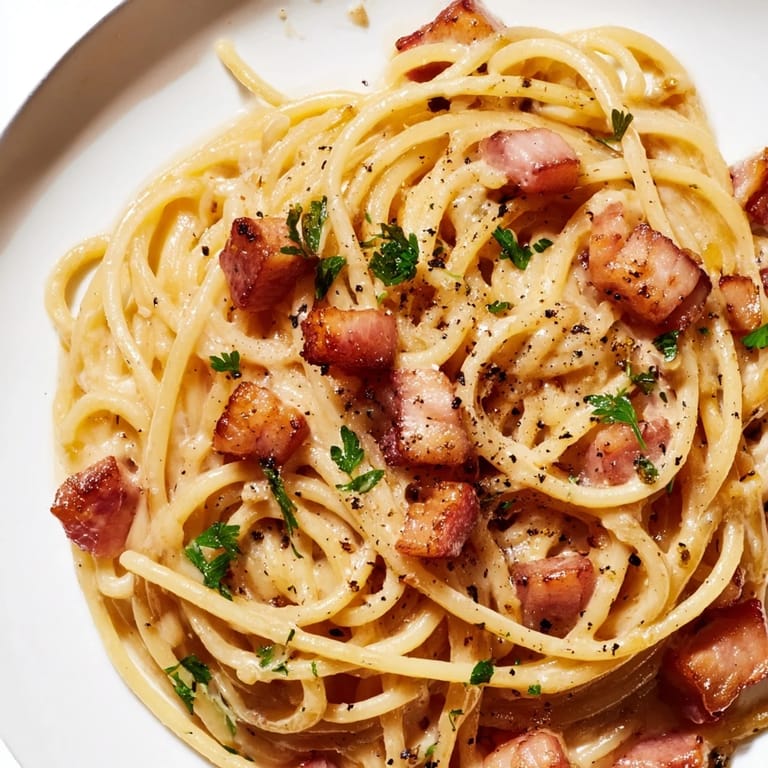 A skillet of sizzling bacon and garlic linguine, tossed with reserved pasta water for a creamy, luxurious sauce.