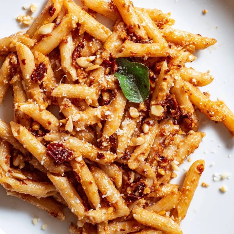 Hearty bowl of sun-dried tomato pesto pasta served with a glass of white wine, perfect for an easy weeknight meal.
