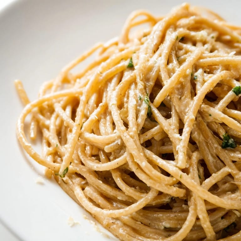 Close-up of a rich, golden roasted garlic pasta sauce tossed with fettuccine, topped with extra basil and red pepper flakes.